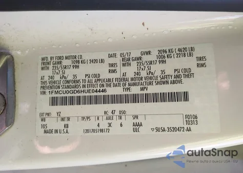 2017 Ford Escape Se z USA, uszkodzony, nr VIN 1FMCU0GD6HUE04446